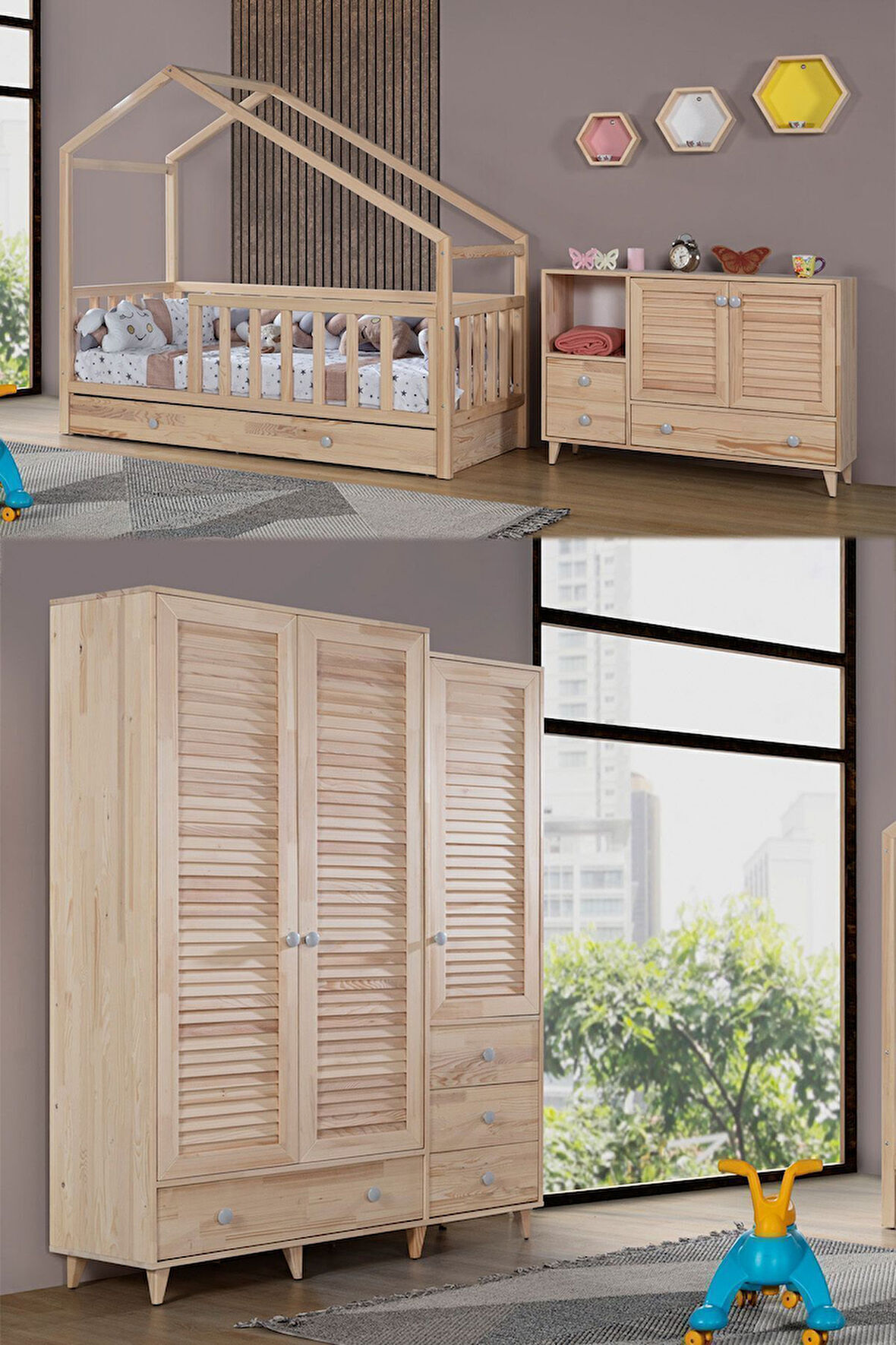 Doğal Ladin Çocuk Odası - Lina Montessori Takımı, 3 Kapaklı Dolap, Yavrulu Karyola, Şifonyer