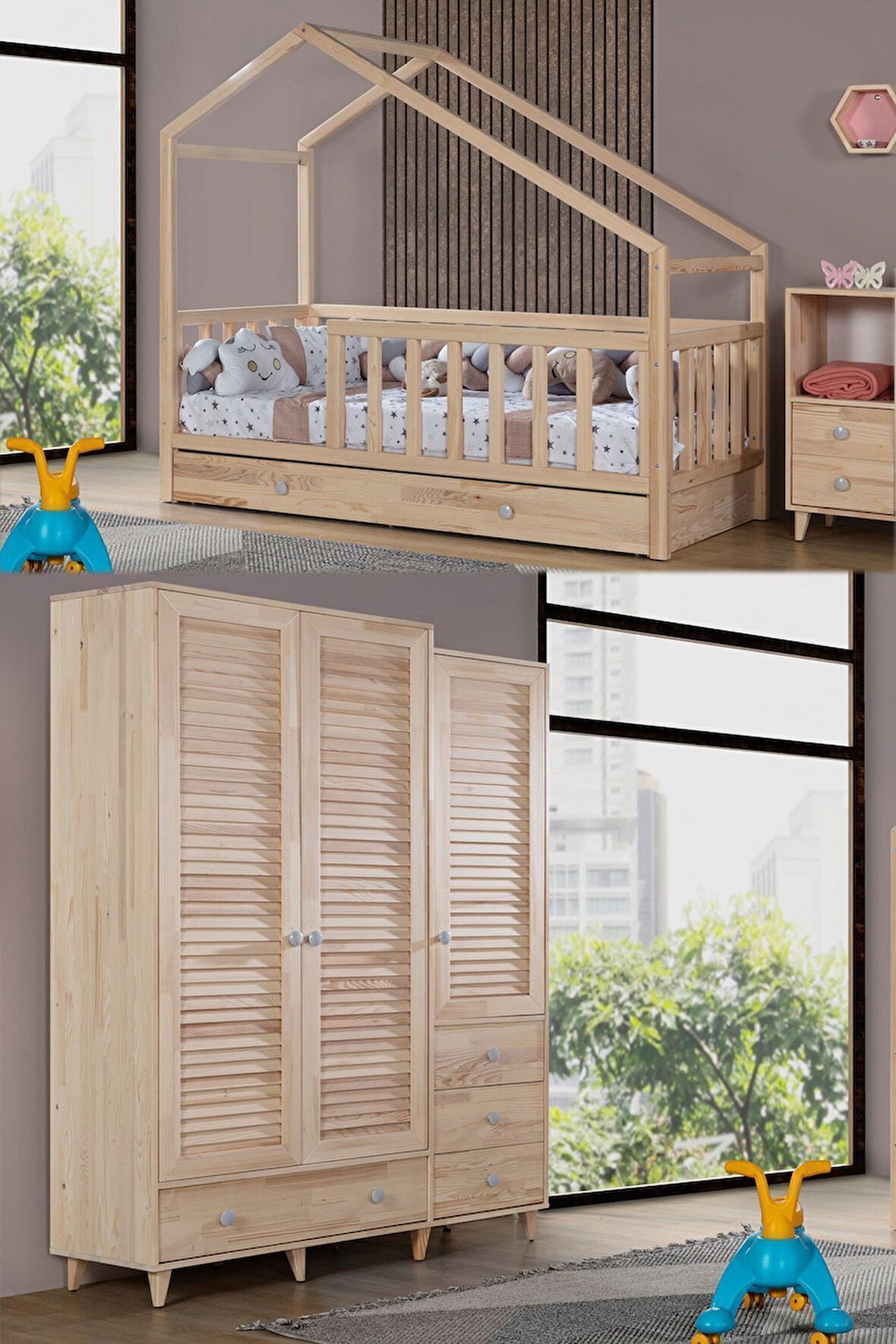 Doğal Ladin Çocuk Odası - Lina Montessori Çocuk Odası Takımı, 3 Kapaklı Dolap, Yavrulu Karyola