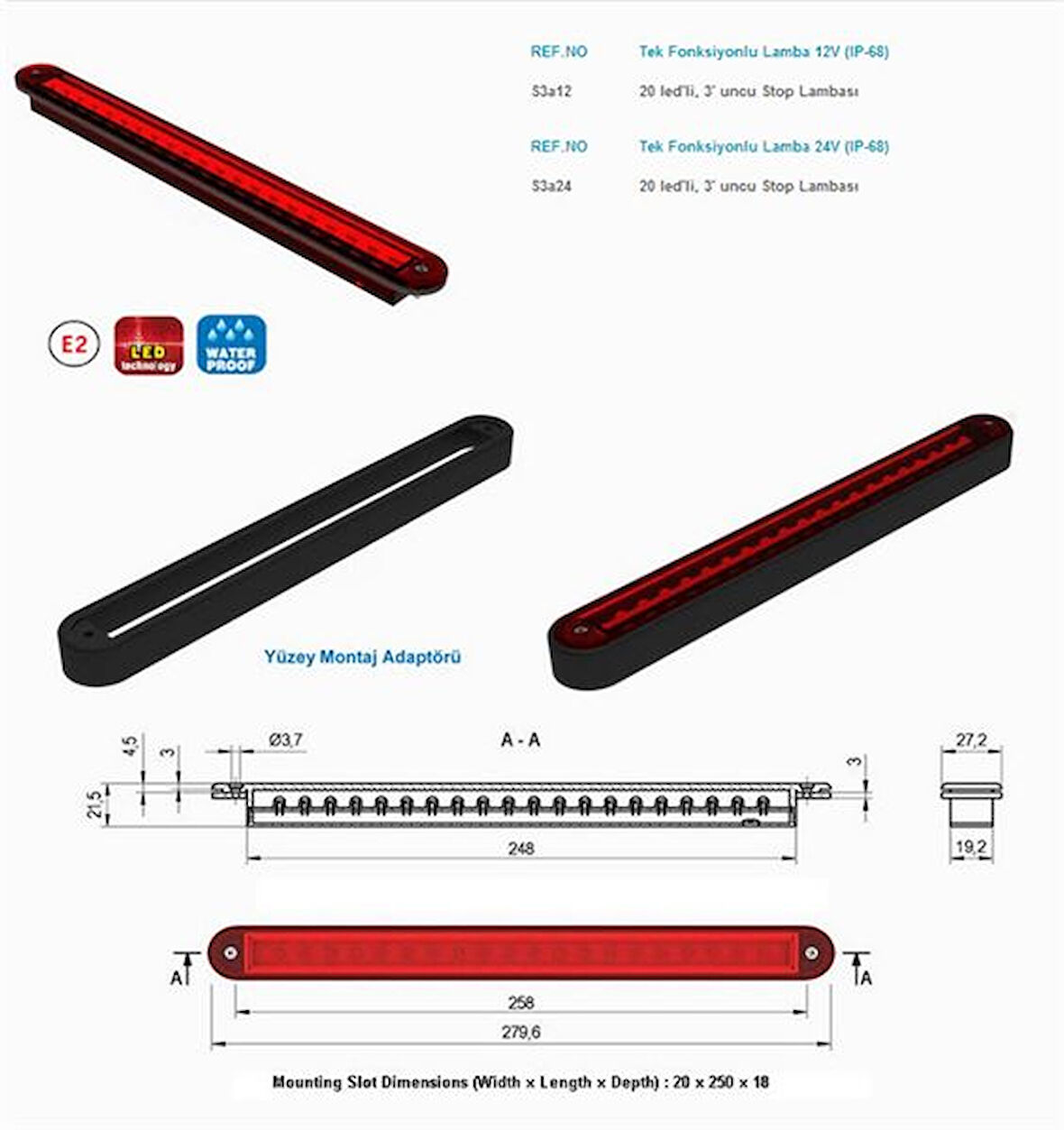 Unıversal Truck Stop Lambası 12v 3,stop 20 Ledli Su Gecirmez E Onaylı - Sanel S3a12