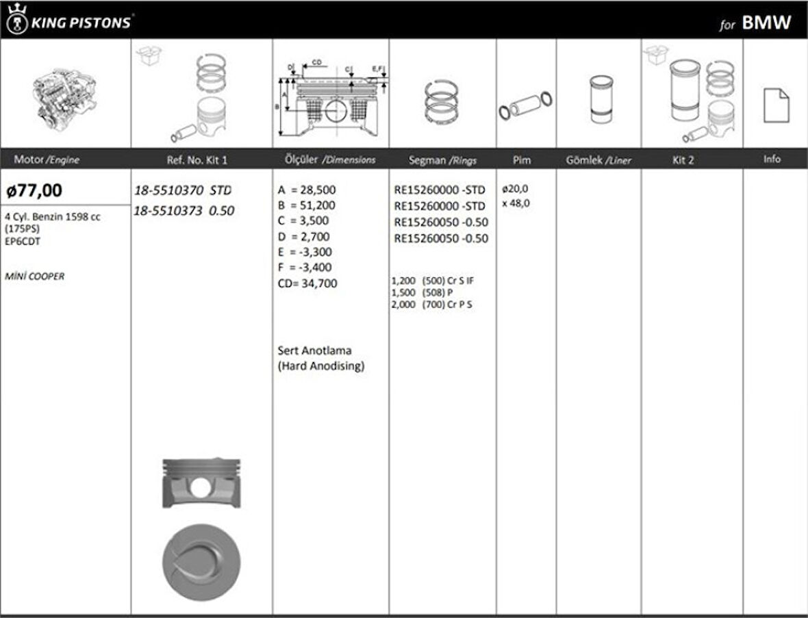 Bmw Piston + Segman 77mm Std Ep6cdtmotor 4 Sil. Benzinli 1598 CC-(175ps) Mini Cooper - Kingpiston 18-5510370
