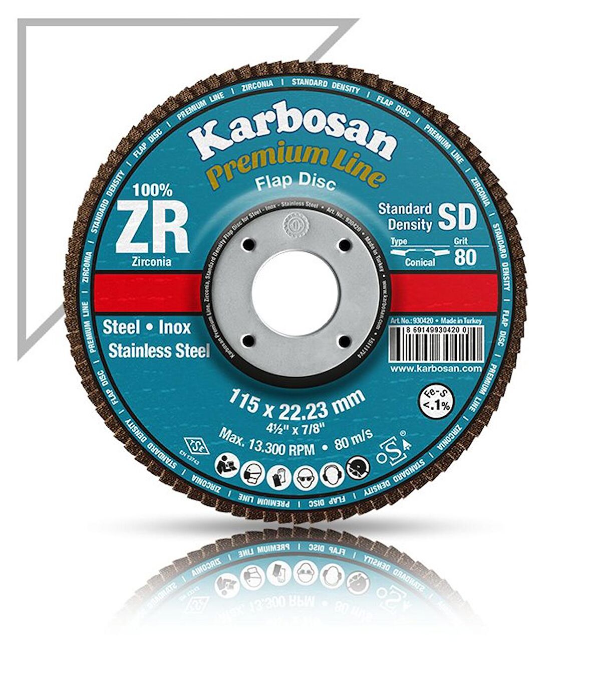 Karbosan Flap Disk Çelik ve İnox Zımpara ZR 115x22.23/40Kum SD-Konik 983450 