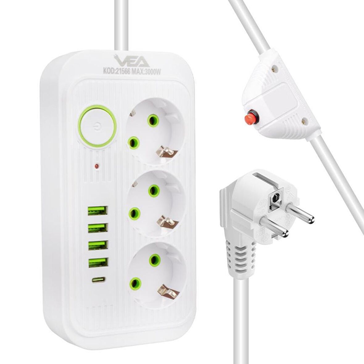 Vea VA-21566 4xUSB+Type-C 3'lü 1.5 Metre Akım Korumalı Priz Beyaz