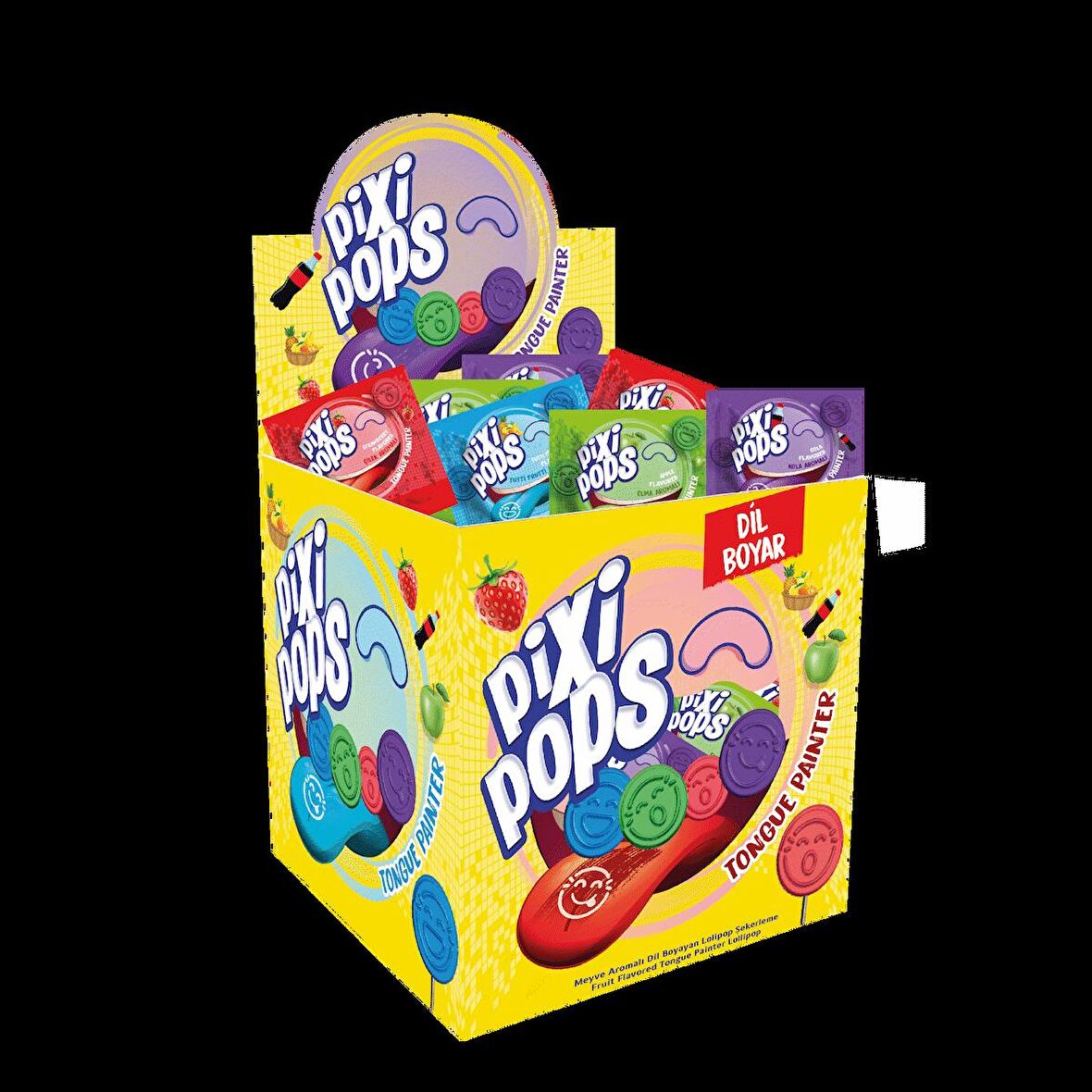 PIXI POPS; Kabartmalı Yüz İfadeli, Dil Boyayan Yassı Lolipop 6,2 Grx150adet/1 Kutu