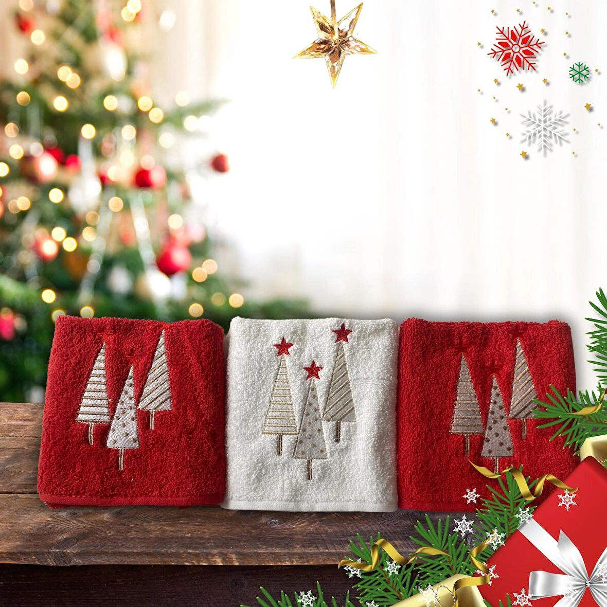 Yılbaşı Özel Tasarım Nakışlı 3'lü Havlu 30x50 cm -7