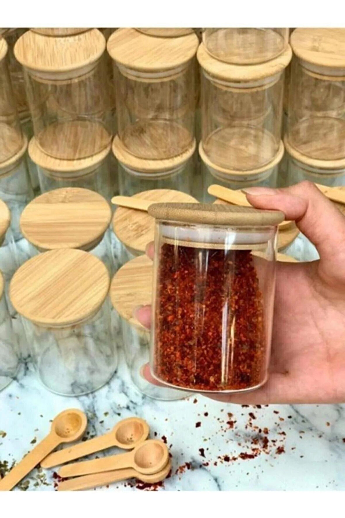Bambu Raflı Bambu Kapaklı 9'lu Baharatlık Seti (10 Parça)