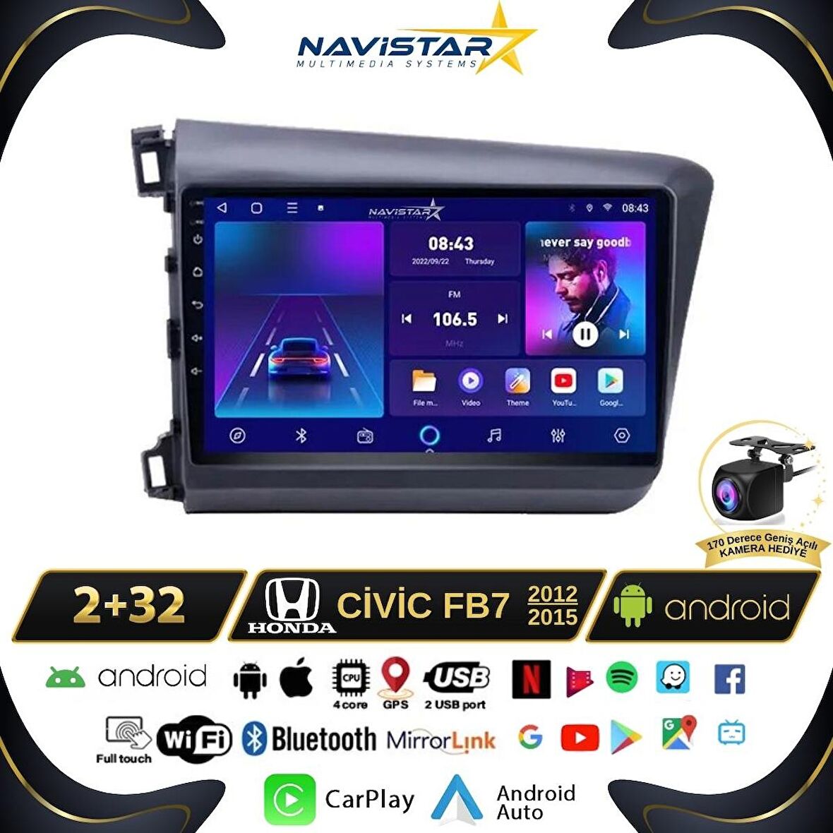 Honda Civic Fb7 2+64GB Android 13 Kablosuz Carplay 2012-2015 Navigasyon Multimedya Sistemi 