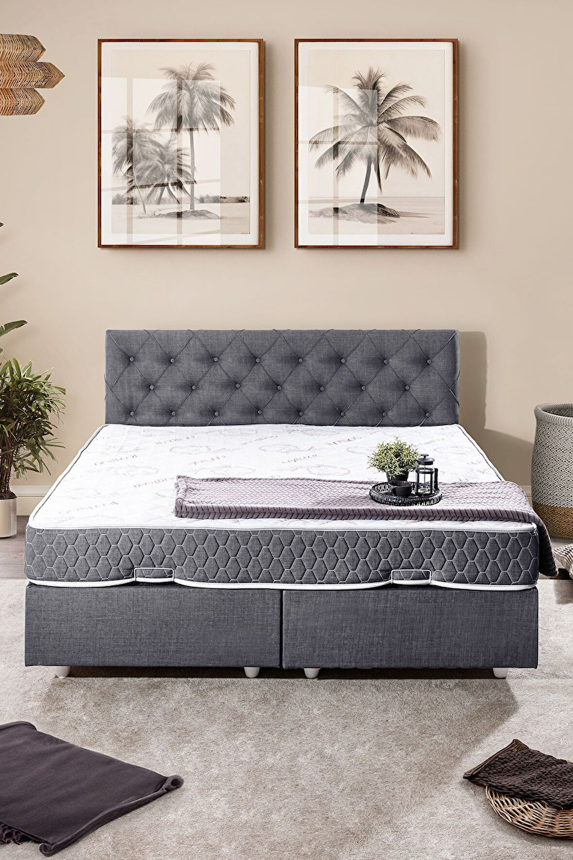 Eylül Çift Kişilik Baza Başlık Letto Yatak Seti, Gri