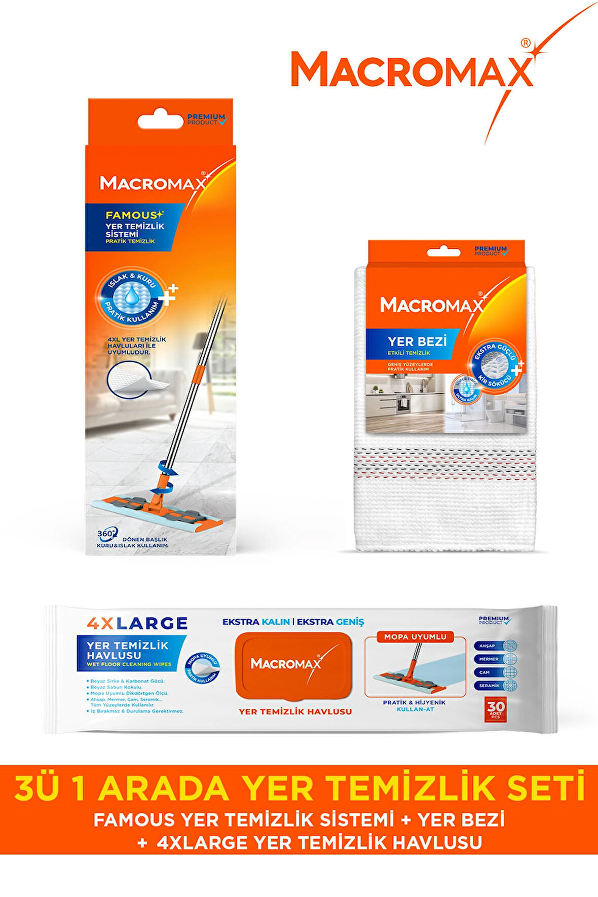 3ü 1 Arada Yer Temizlik Seti Mop Bezi ve Havlu Paket