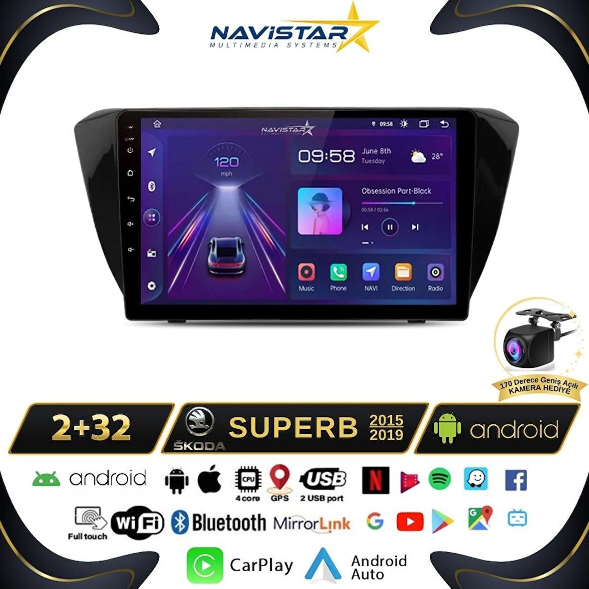 Skoda Superb 2015-2019 Model 2+64GB Android 13 Kablosuz Carplay Navigasyon Multimedya Sistemi 