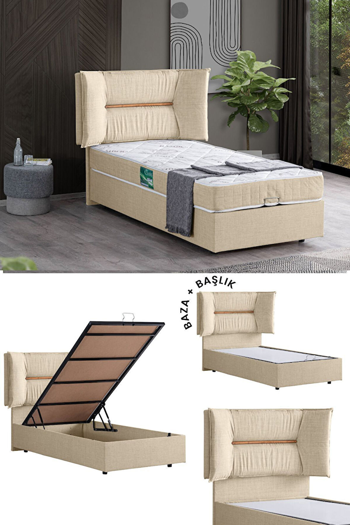 Lizbon Ikili Set, Tek Kişilik Baza Başlık Seti, Gri