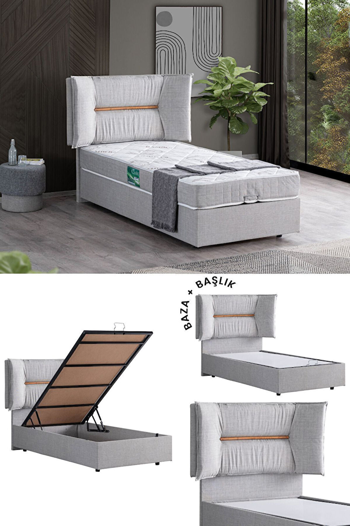 Lizbon Ikili Set, Tek Kişilik Baza Başlık Seti, Gri