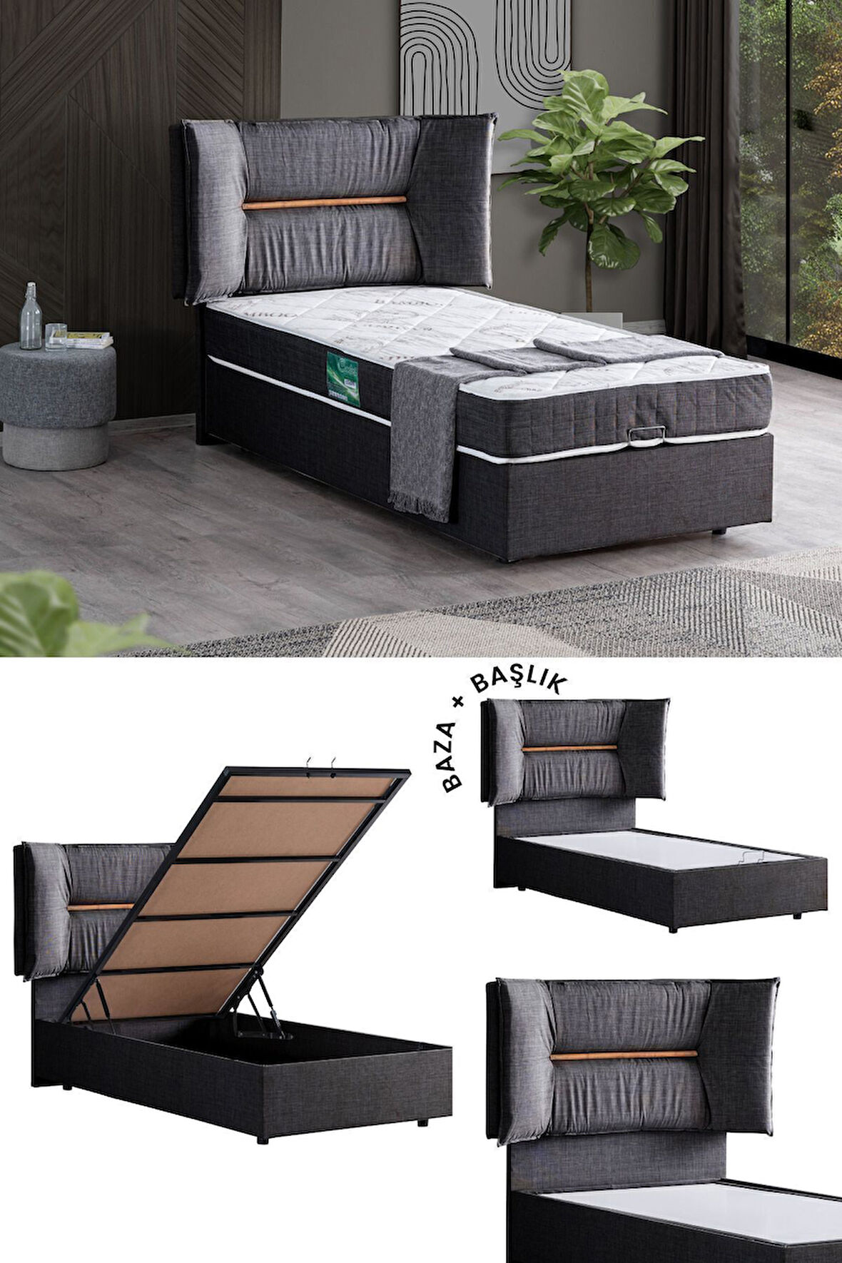 Lizbon Ikili Set, Tek Kişilik Baza Başlık Seti, Gri