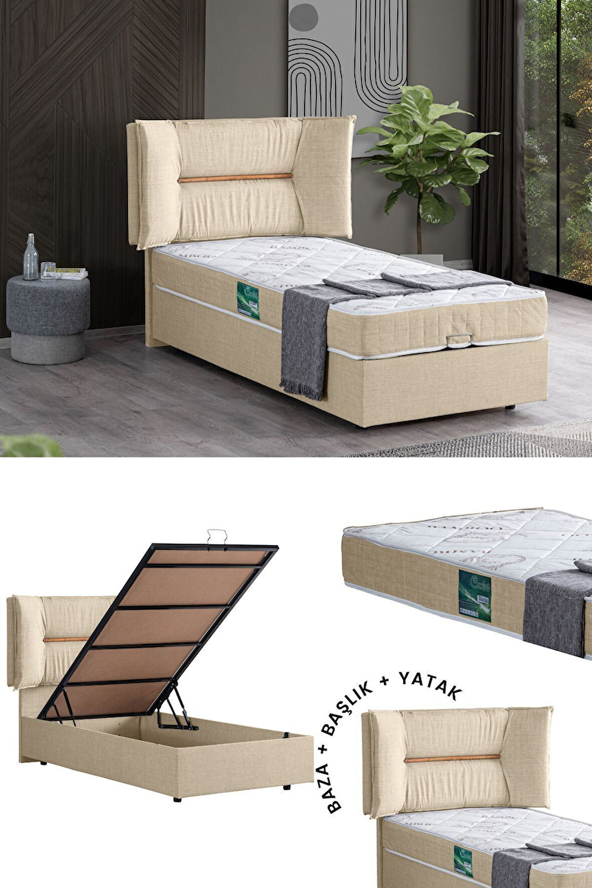 Lizbon Tek Kişilik Baza Başlık Comfort Yatak Seti, Açık Gri