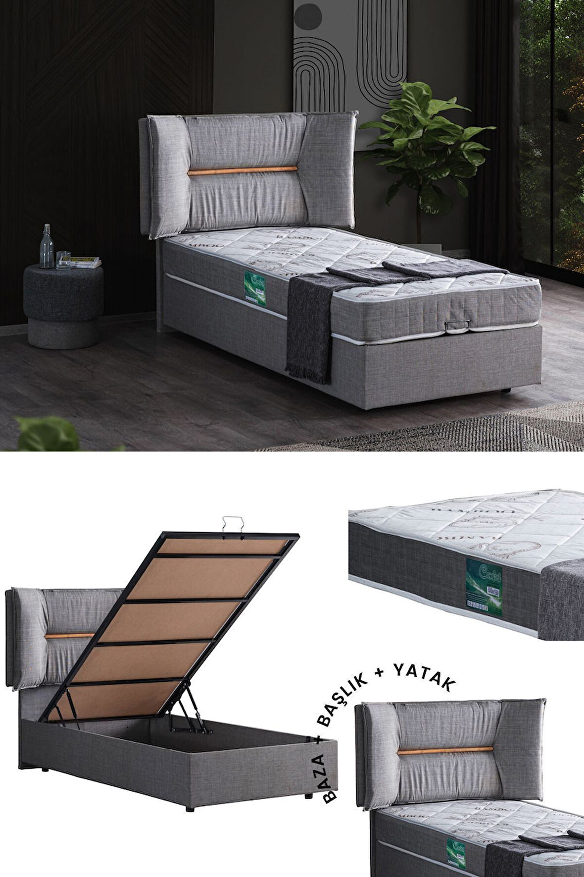 Lizbon Tek Kişilik Baza Başlık Comfort Yatak Seti, Açık Gri