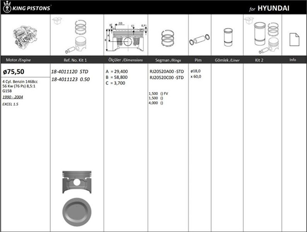 Hyundaı Motor Piston+segmanı ( Riken )  75,50+stdmm Cap Excel 1.5/lancer 1.5 G15b 4 Sil. Benzinli 1468 CC 56 - Kingpiston 18-4011120