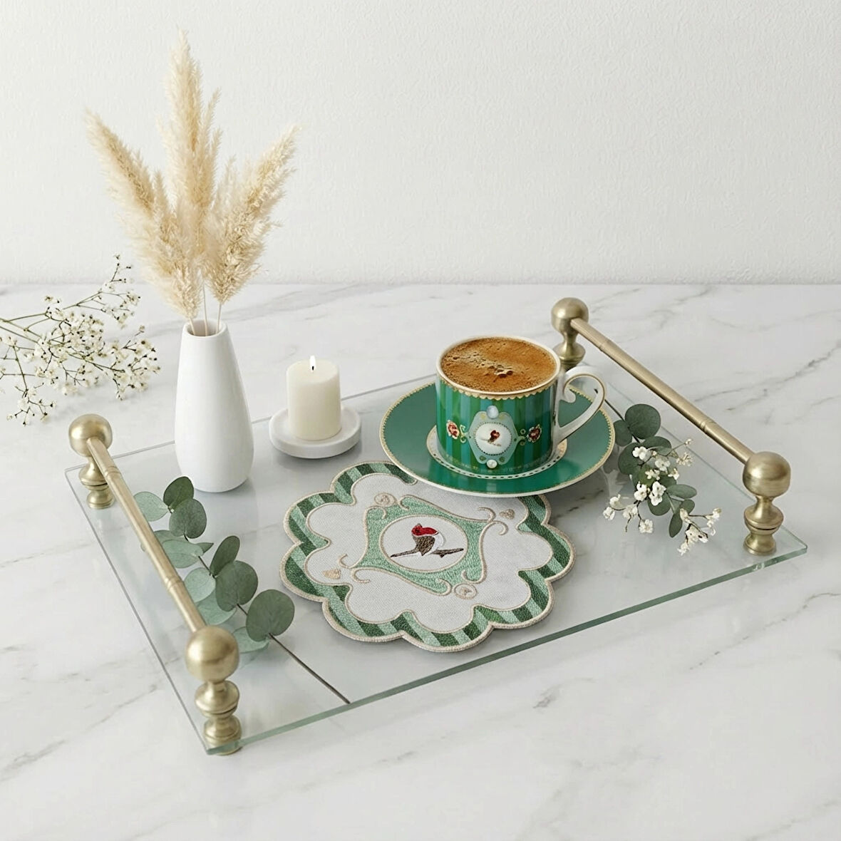 2 Adet Yeşil Pip Studio Uyumlu Nakışlı Kuş Detaylı Kokteyl Sunum Peçetesi