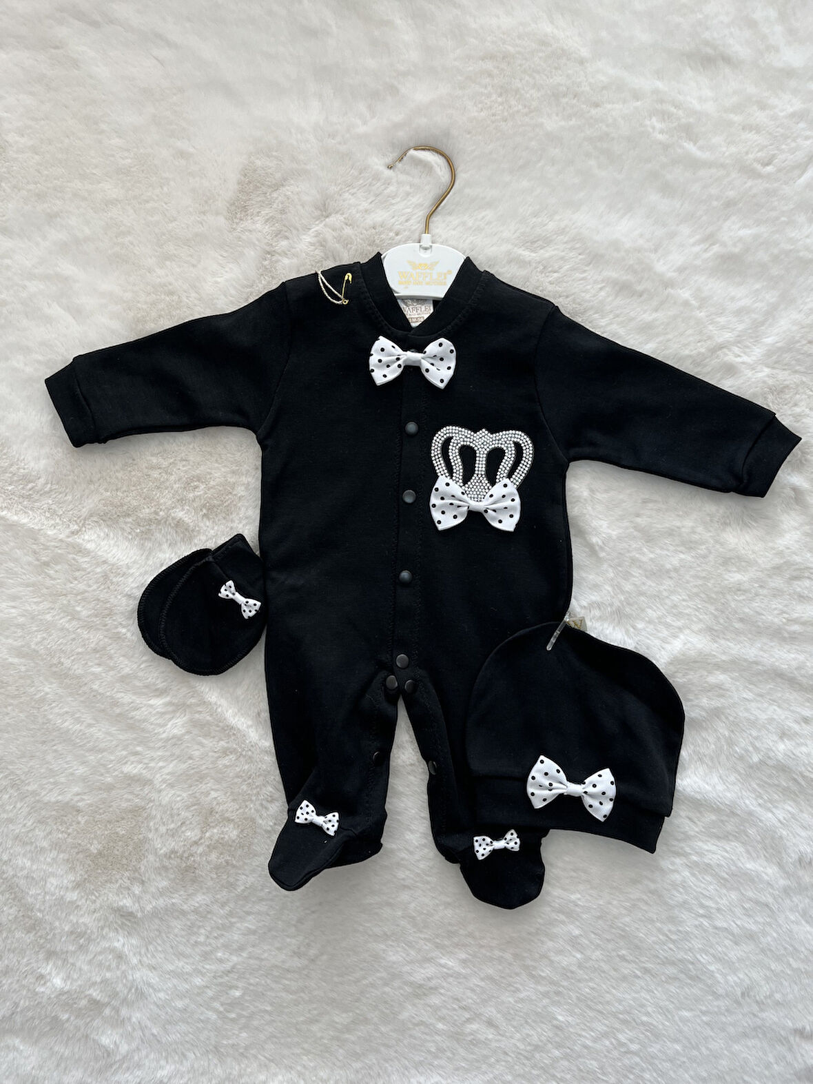 Siyah Puantili  Waffle Tulum Set