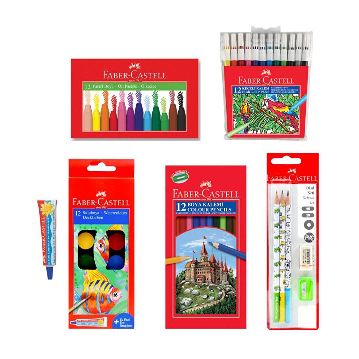 Faber Castell 5 li Okula Dönüş Seti 12 li Keçeli + Sulu + Pastel + Kuru Boya + Kalem Seti