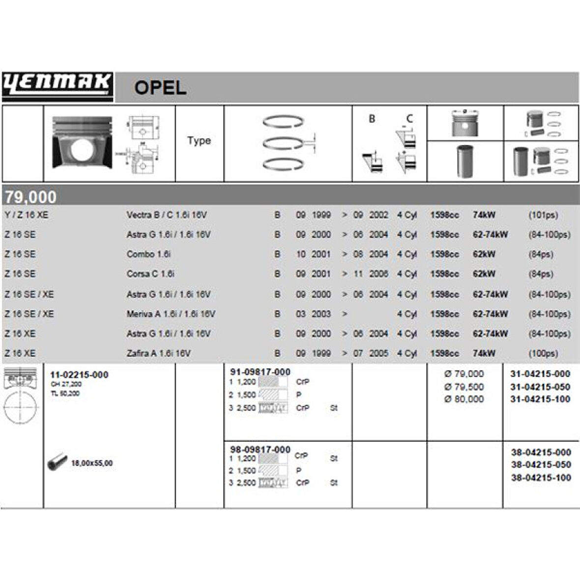 Opel Piston Segman { 1mm Farklı } Astra Meriva Vectra Zafıra Y16xe Z16xe - Yenmak 31-04215-100