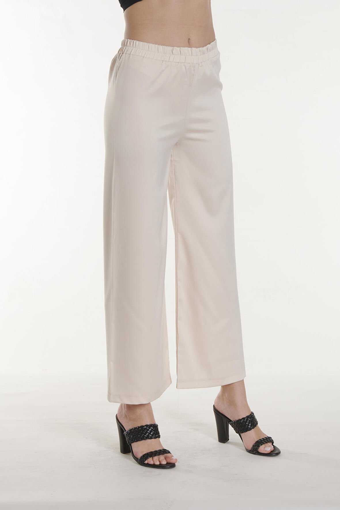 Ekru Beli Lastikli Saten Pantolon | 40