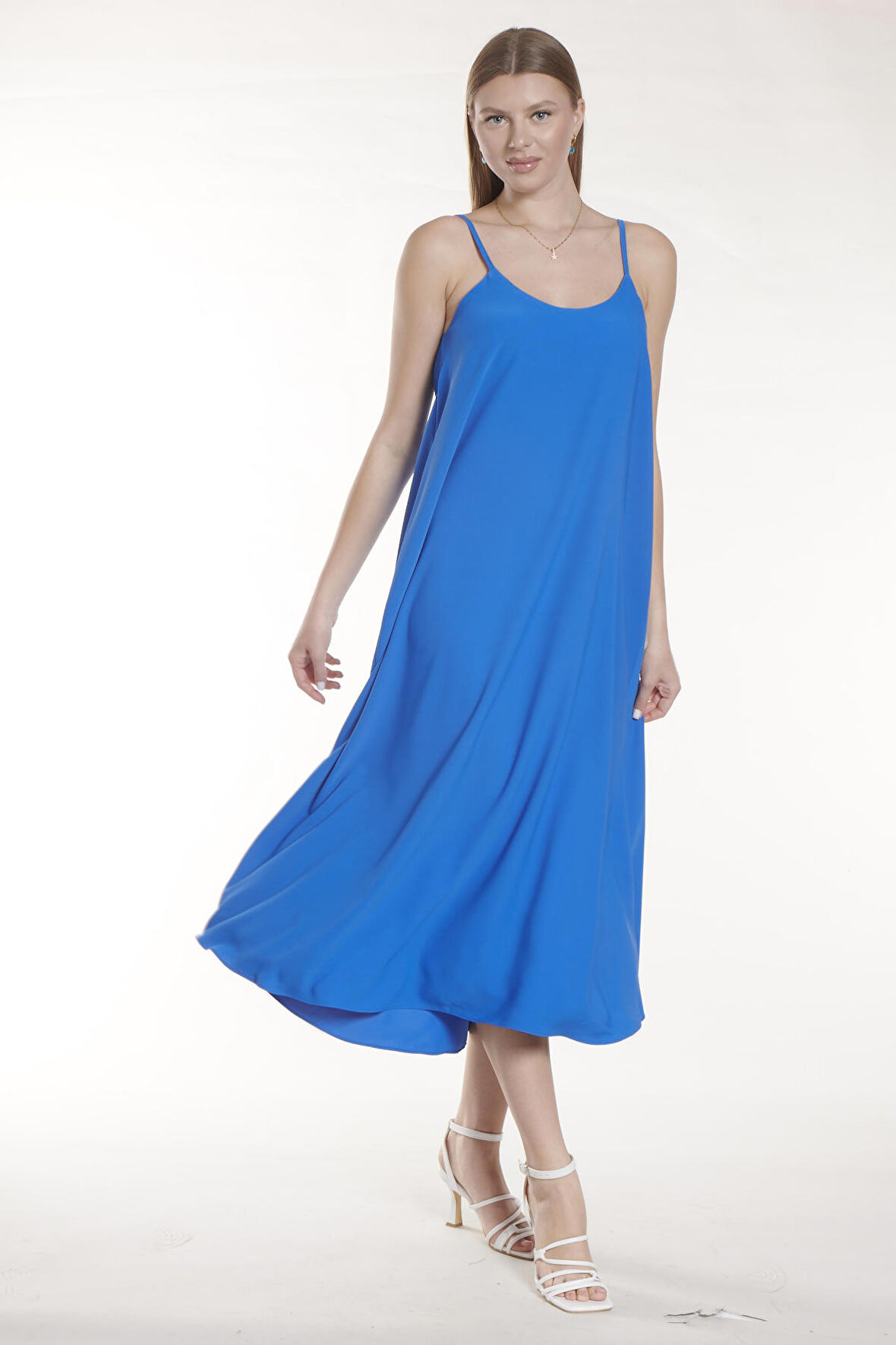 Saks Mavi İp Askılı Uzun Elbise | 38