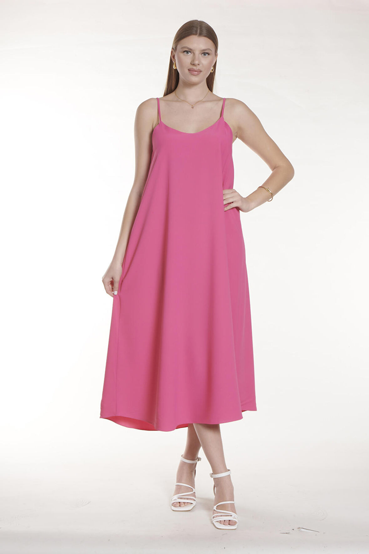 Pembe İp Askılı Uzun Elbise | 40