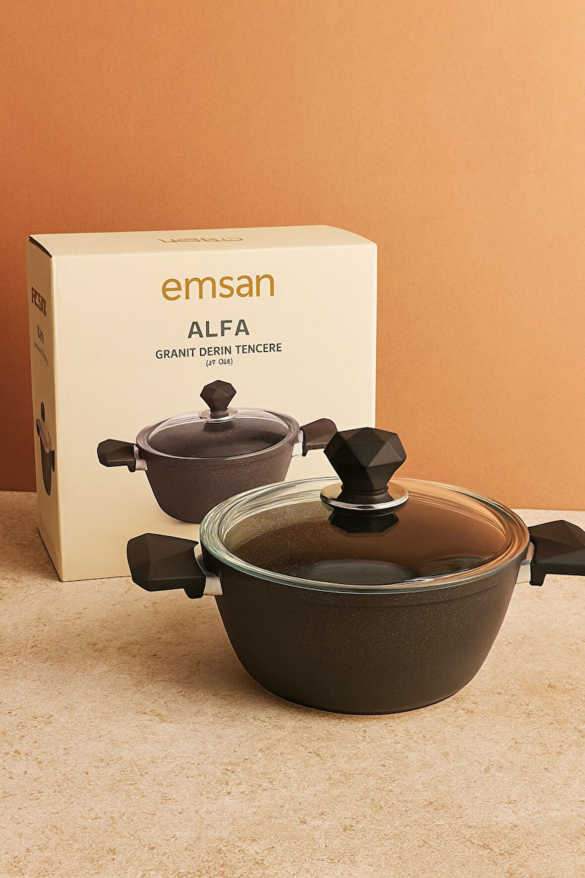 Emsan Alfa Serisi 24 cm Kristal Döküm Derin Tencere – Yapışmaz Yüzey, Cam Kapaklı, Ergonomik Saplı