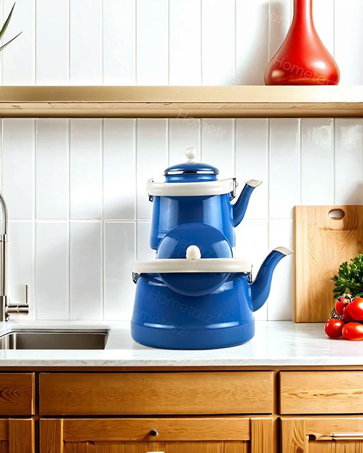 Alev Vintage Emaye Çaydanlık Takımı - Emaye Demlik Takımı - Mega Boy - 2.5 ve 1.0 Litre