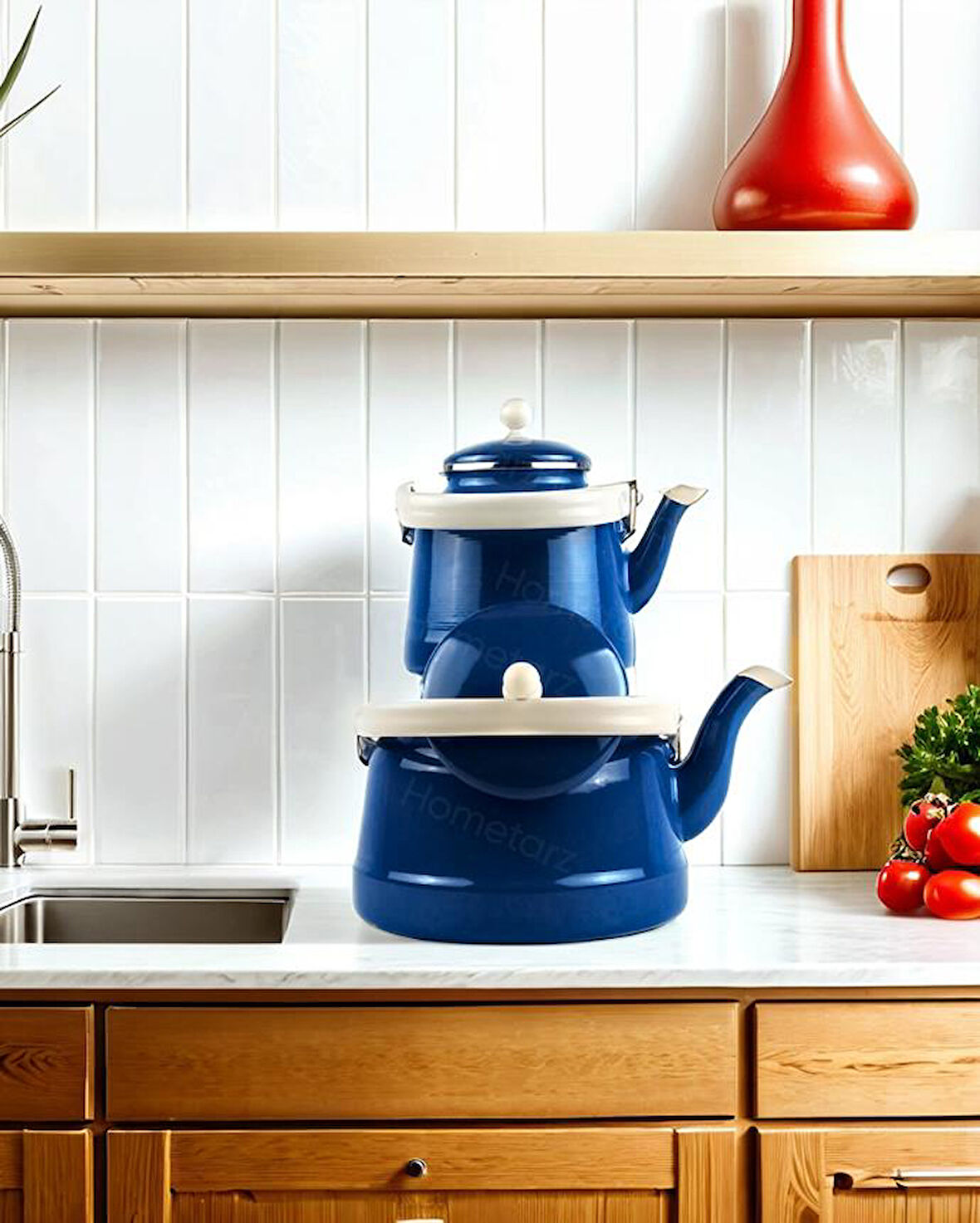 Alev Vintage Emaye Çaydanlık Takımı - Emaye Demlik Takımı - Mega Boy - 2.5 ve 1.0 Litre