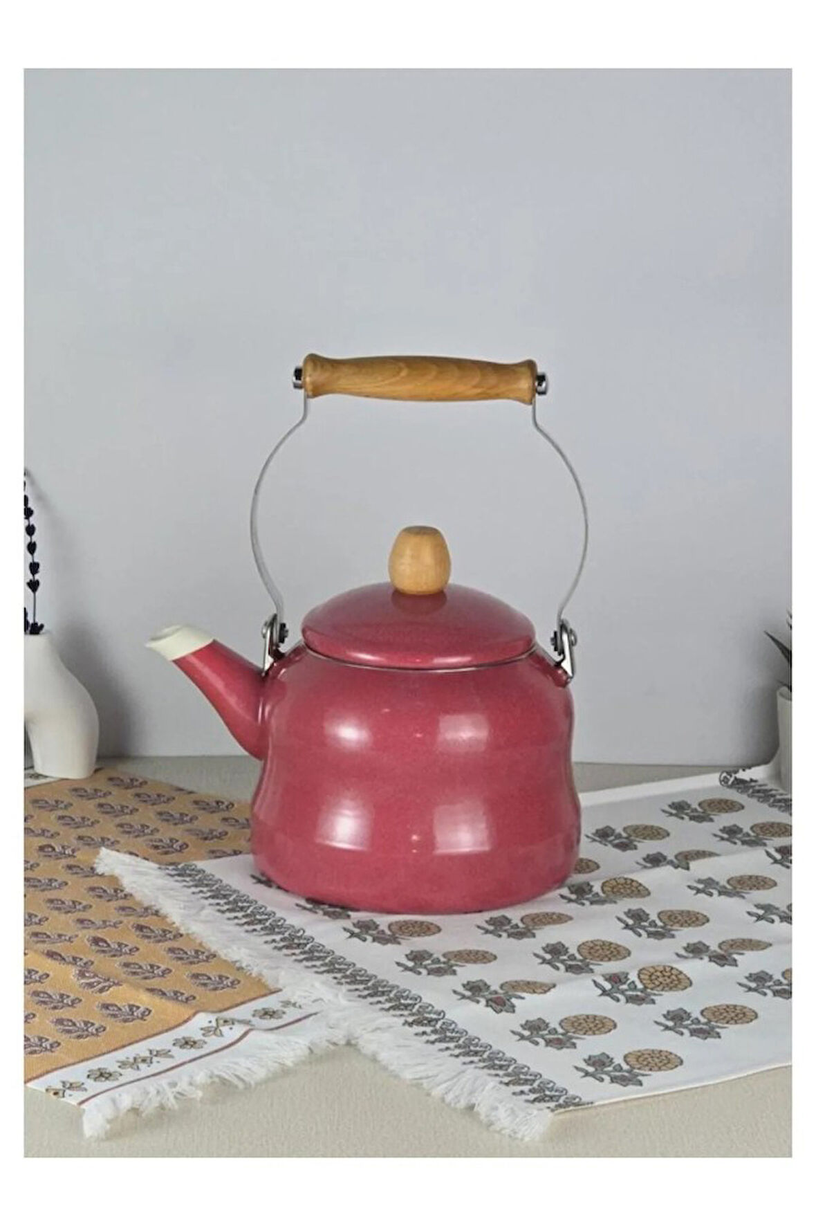 Vintage Ahşap Saplı Emaye Demlik Kettle 2,5Lt Kırmızı KR179-C