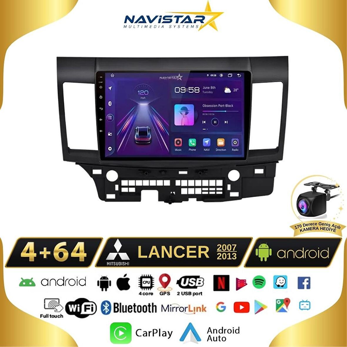Mitsubishi Lancer  20072013 Model 4GB + 64GB Android 13 Kablosuz Carplay Navigasyon Multimedya Siste