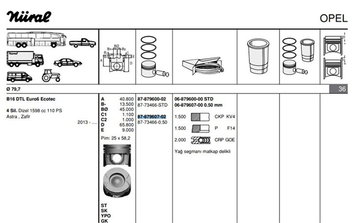 Opel Piston Segman Komple 0,50 Astra K 16> B16dte Astra J 10> B16dtl İnsignia B 18> B16dte D16dte Meriv - Goetze 8773466050000g