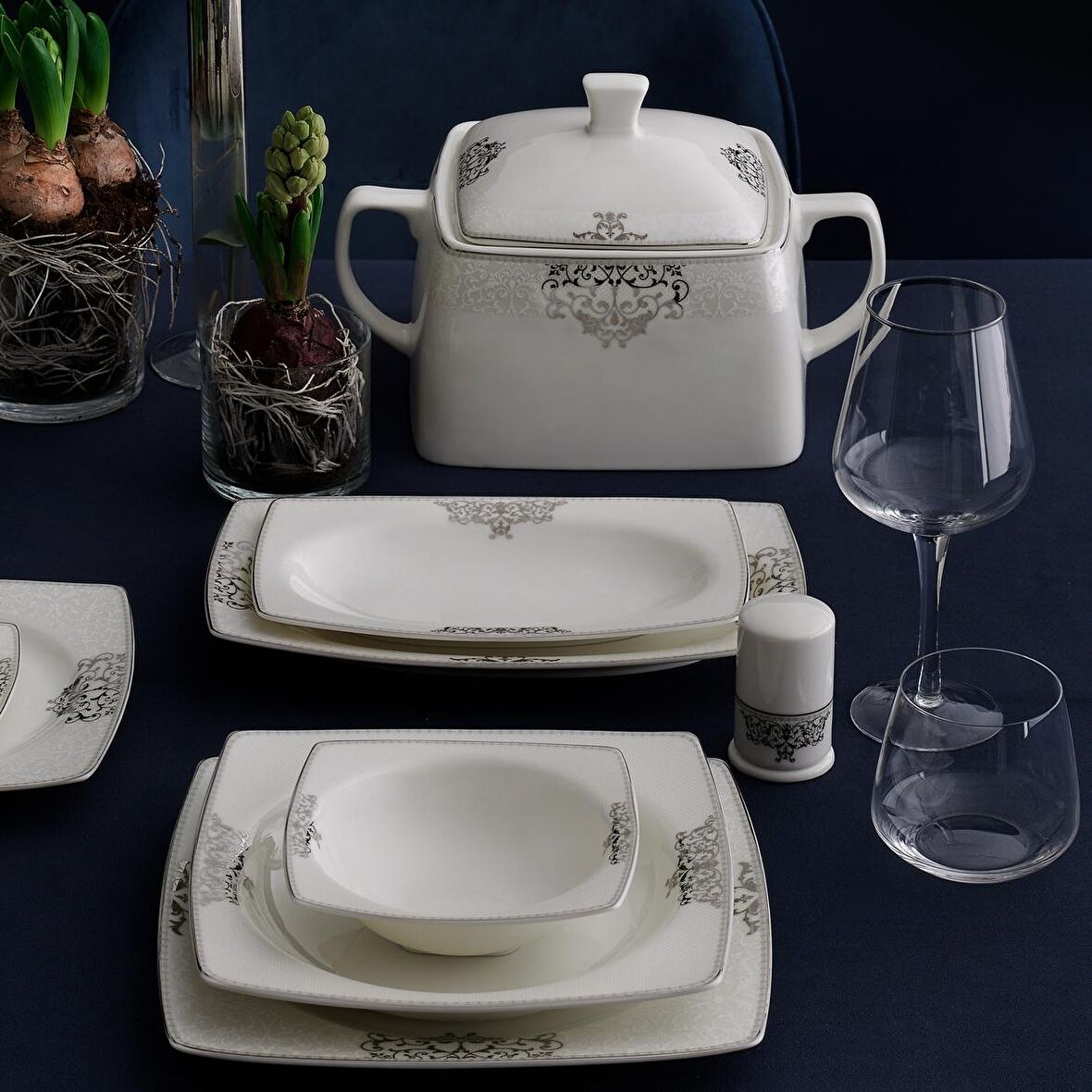Güral Porselen Caroline 56861 85 Parça 12 Kişilik Klasik Yuvarlak Bone Porselen Yemek Takımı 