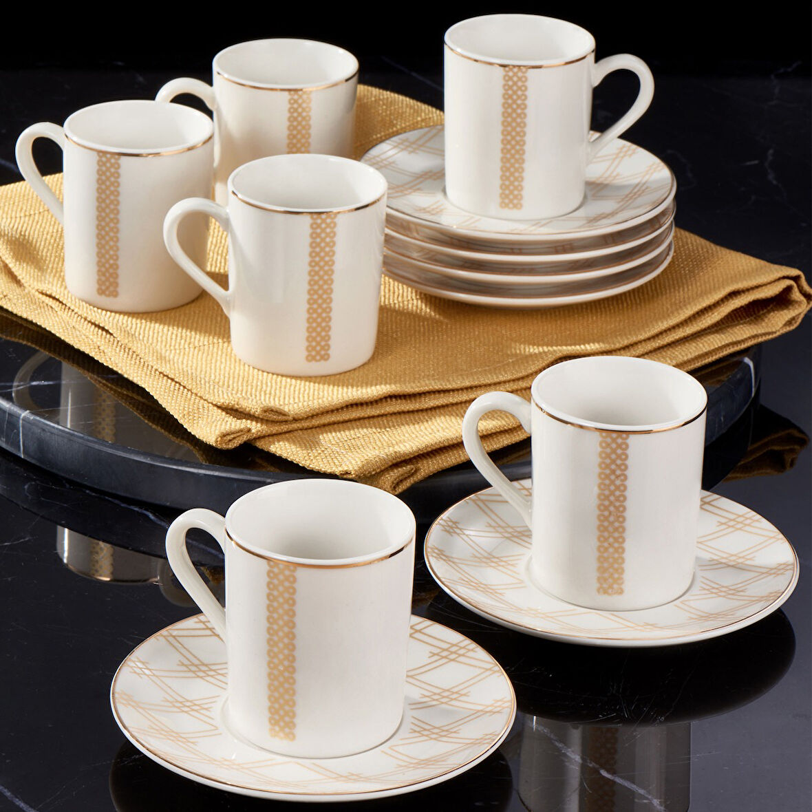 GÜRAL PORSELEN Camelia 12 Parça 6 Kişilik Bone Türk Kahvesi Fincan Takımı - 6252