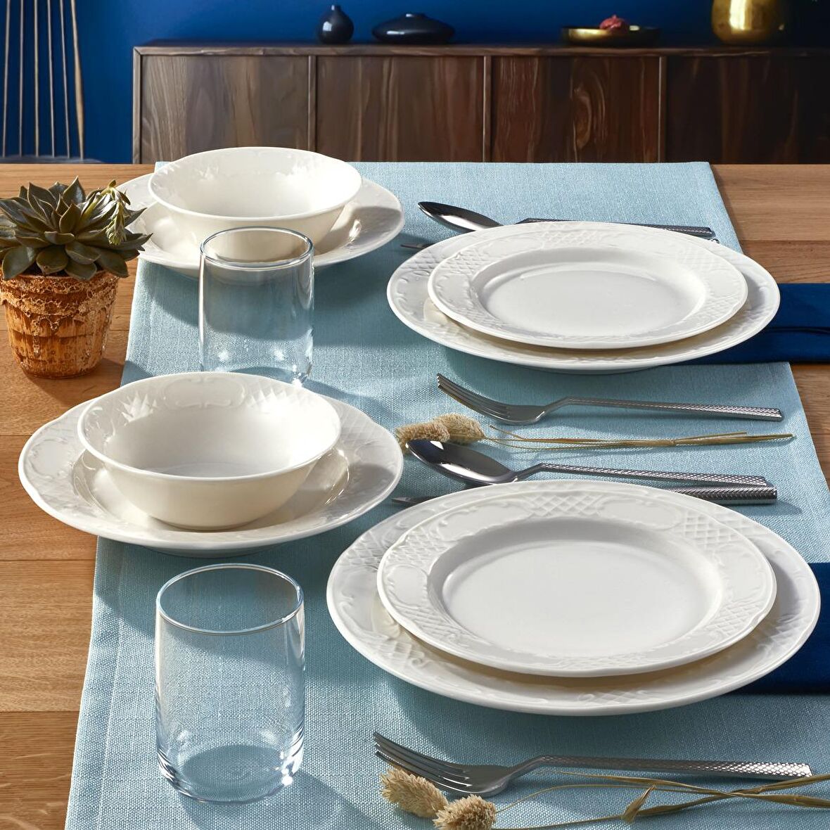 Safir 82 Parça 12 Kişilik Modern Yuvarlak Bone Porselen Yemek Takımı