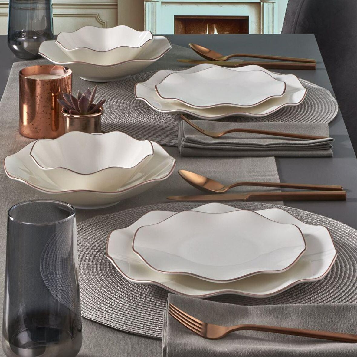 Güral Porselen Nesrin 24 Parça Modern Yuvarlak Bone Porselen Yemek Takımı 