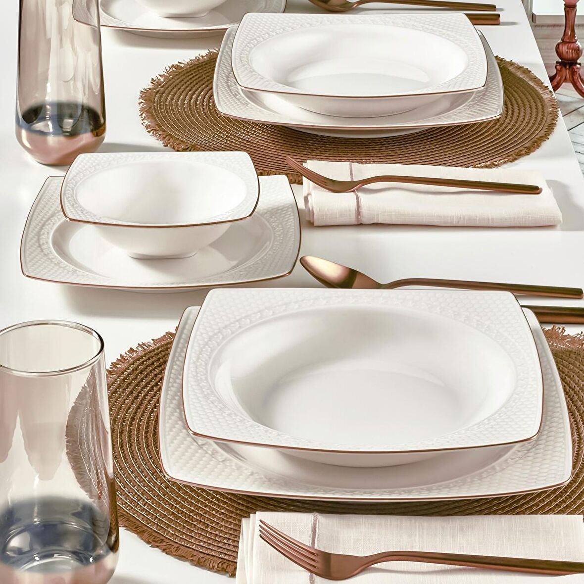 Bonenjoy 8 Parça 2 Kişilik Klasik Kare Bone Porselen Yemek Takımı