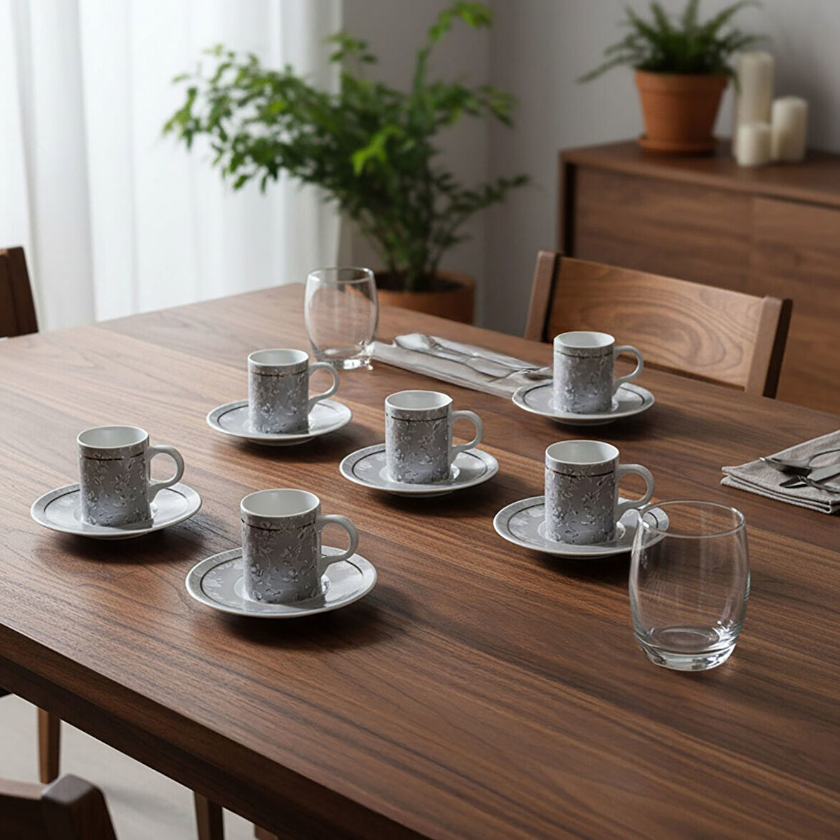 GÜRAL PORSELEN Camelia 12 Parça 6 Kişilik Kahve Fincan Takımı 6707