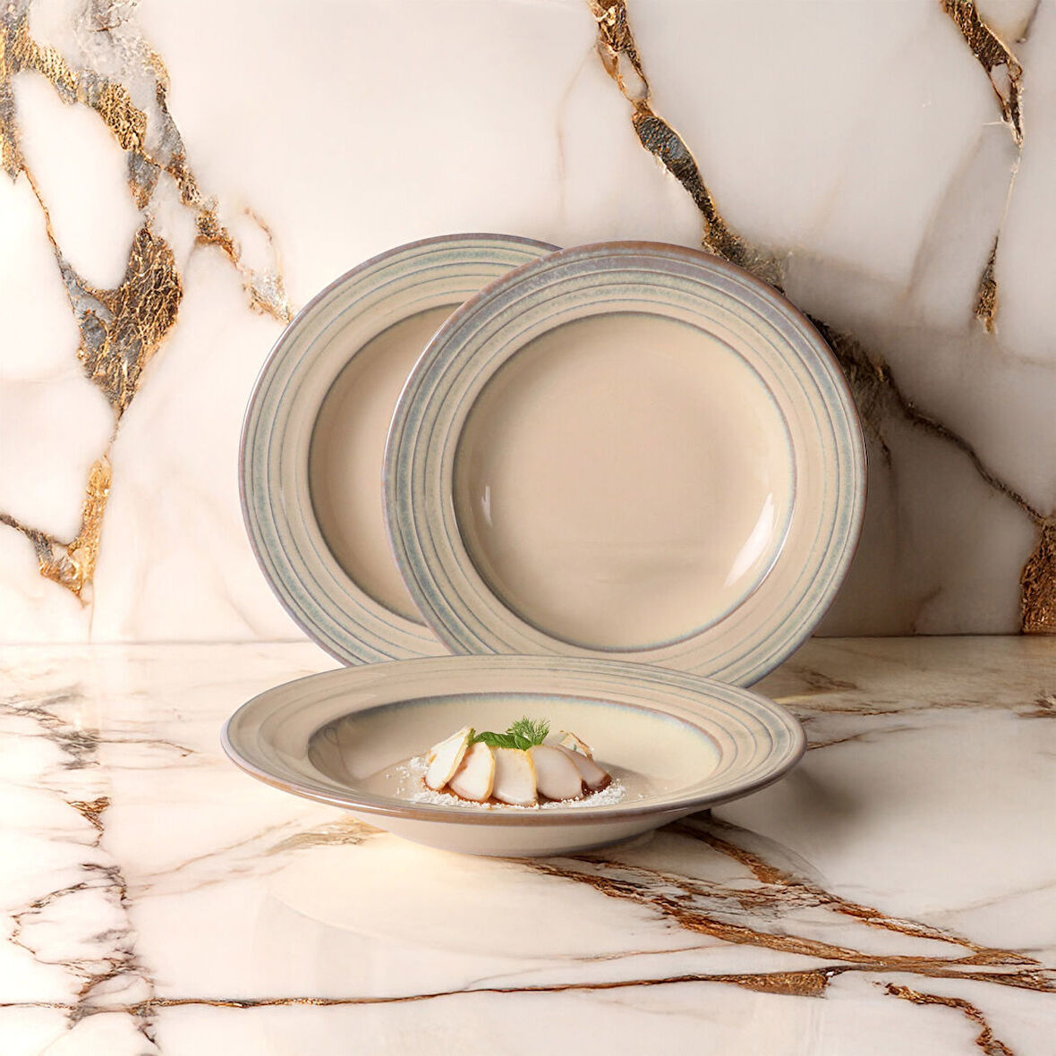 GÜRAL PORSELEN Valeron 6 Adet 22 Cm Çukur Yemek Tabağı Reaktif Agate