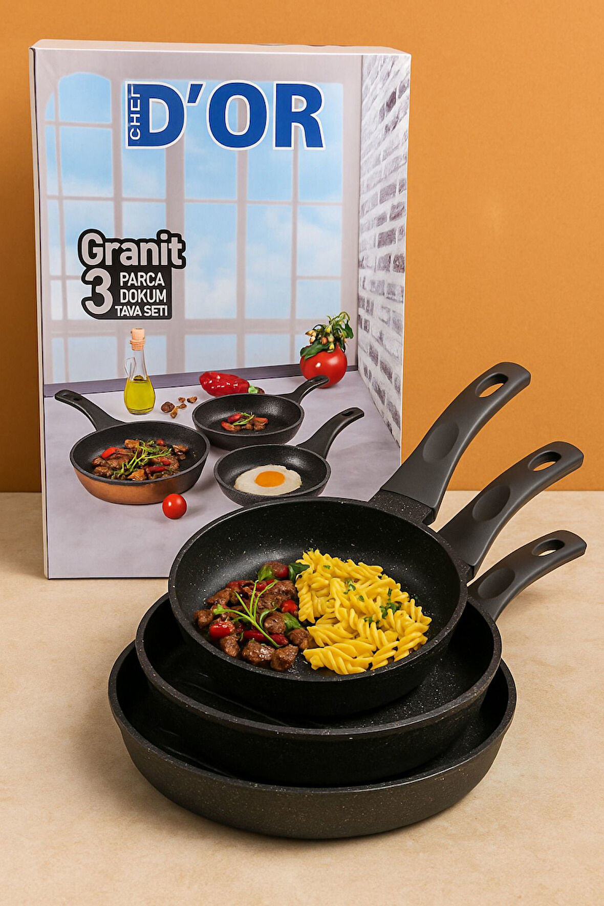 Granit Döküm 3’lü Tava Seti – 20/24/28 cm, Yanmaz Yapışmaz Yüzey