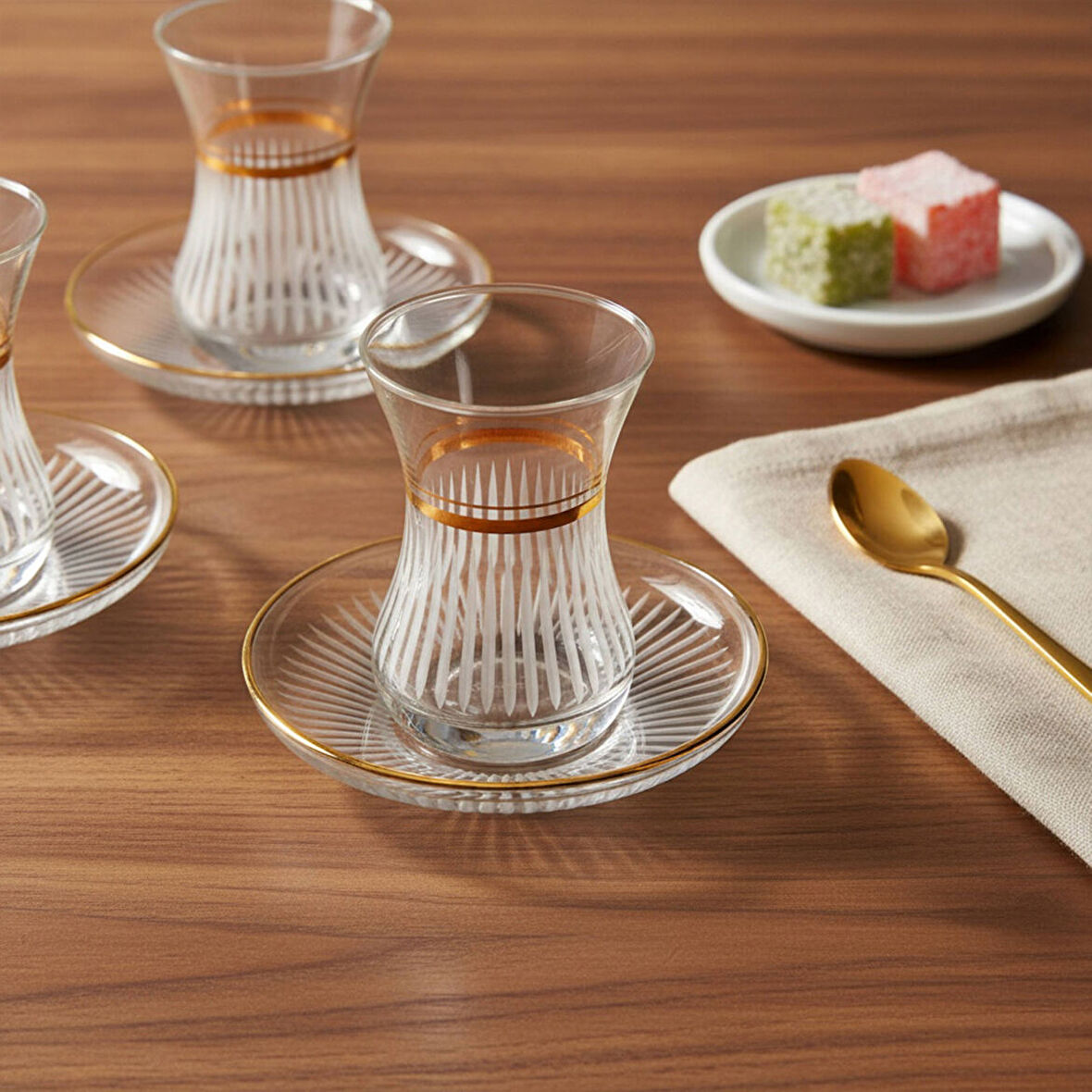 GÜRAL PORSELEN Güral Cam 12 Parça 6 Kişilik Elit Çay Takımı Altın