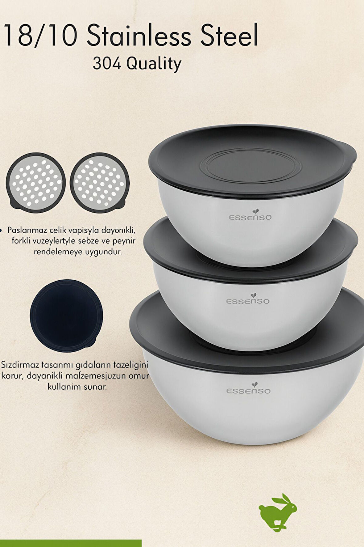 Essenso 9 Parça Paslanmaz Çelik Karıştırma Kabı Seti – 16/20/24 cm, Rendeli, 304 18/10 Çelik