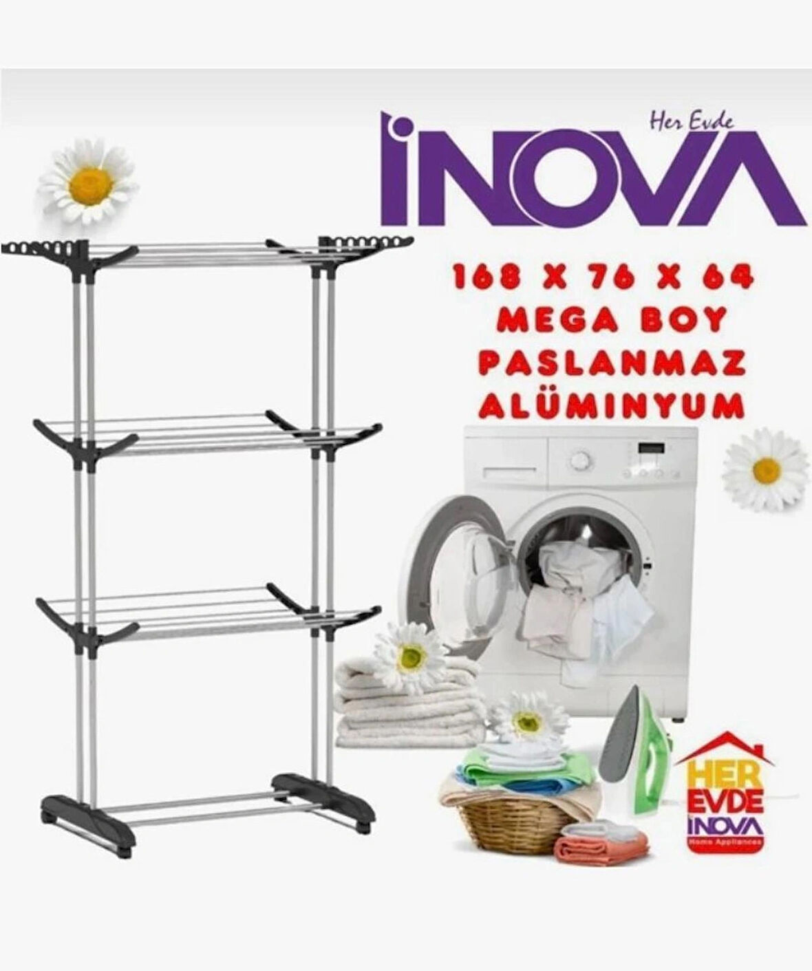 İnova Herevdeinova Raptor 3 Katlı Mega Boy Xxl Tekerlekli Alüminyum Çamaşırlık Kurutmalık