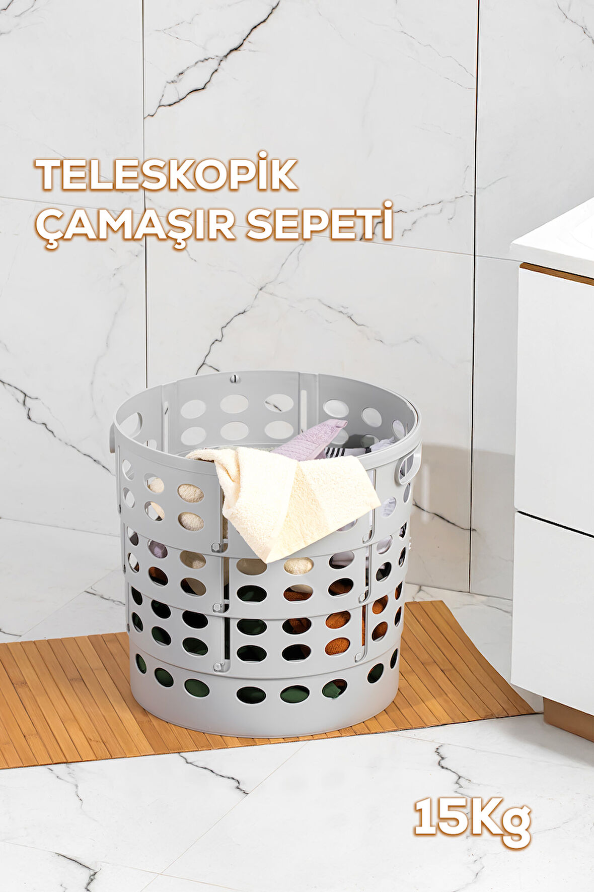 Porsima 25100-1 Teleskopik Katlanır Sepet Katlanabilir Çamaşır Sepeti Orta Boy Katlanır Çamaşır Sepeti Gri 15LT
