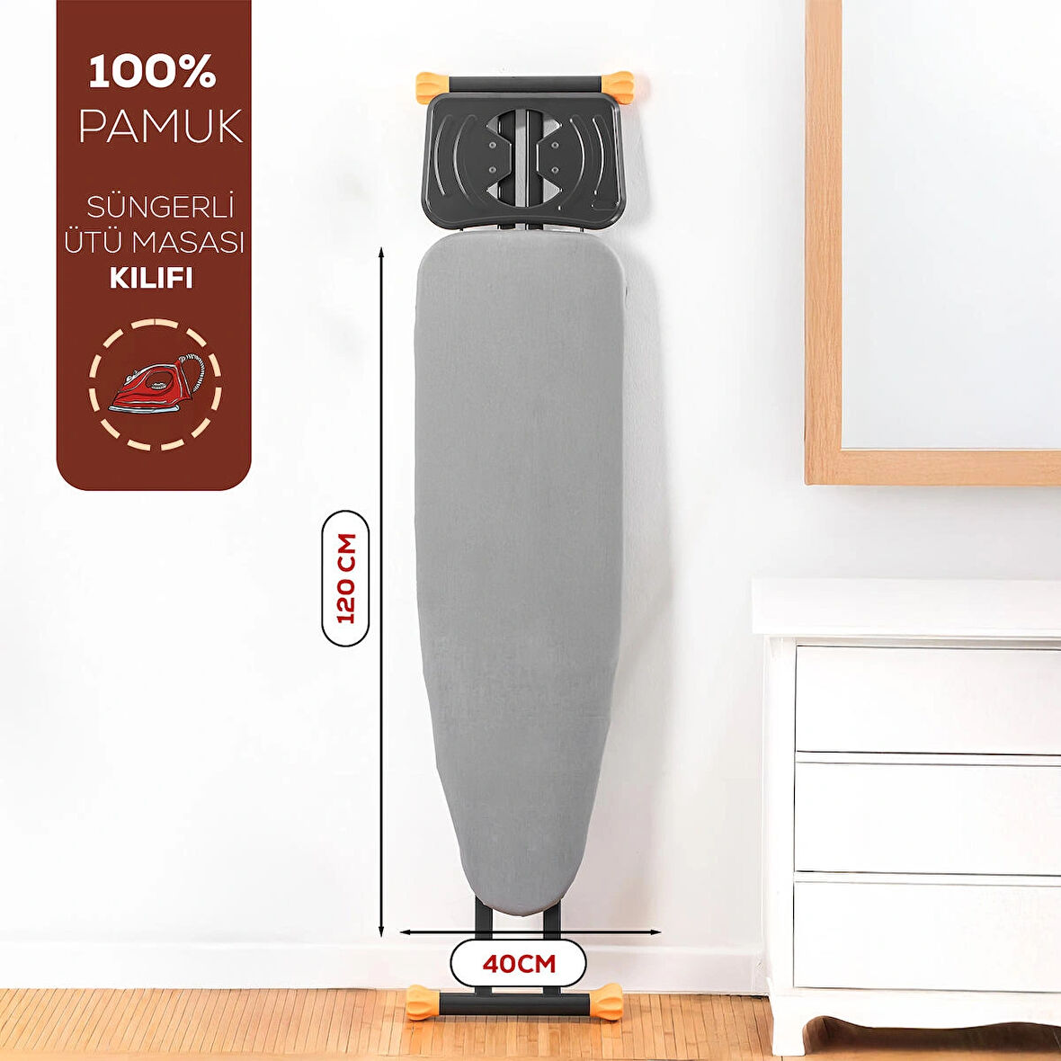 Porsima Isıya Dayanıklı 100% Pamuk Süngerli Ütü Masası Kılıfı - Buharlı Ütüleme Uyumlu 120x40cm