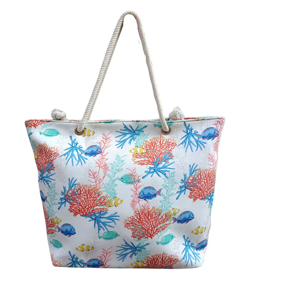 Kadın Plaj Çantası Fermuarlı İçi Astarlı Cepli Deniz Canlıları Çizimli Yumuşak Halat Saplı