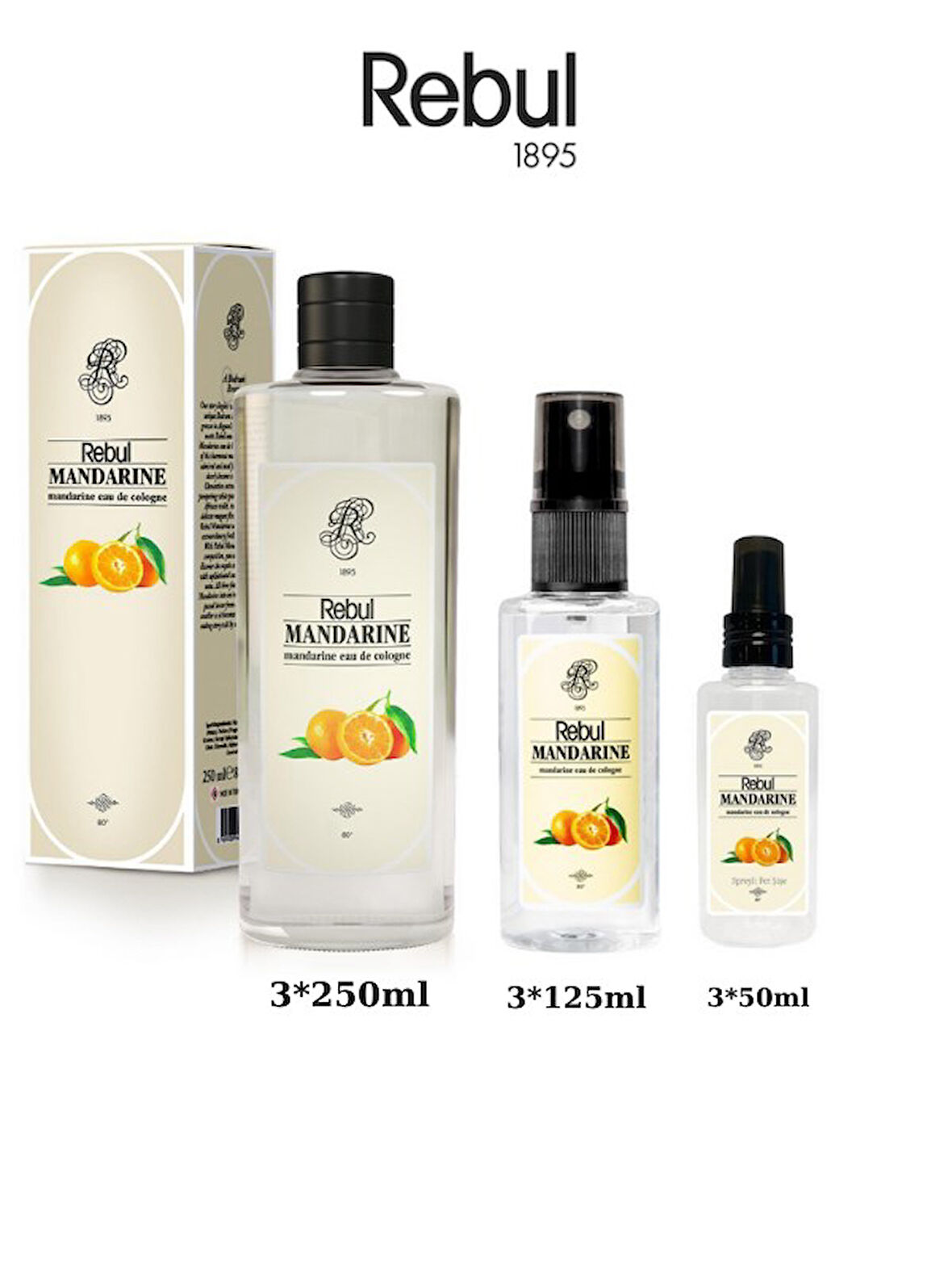 Rebul Mandarine (Mandalina) Edc Kolonya 250ml Cam Şişeli, 125ml - 50ml Pet Sprey Şişeli 3'lü Set (9 
