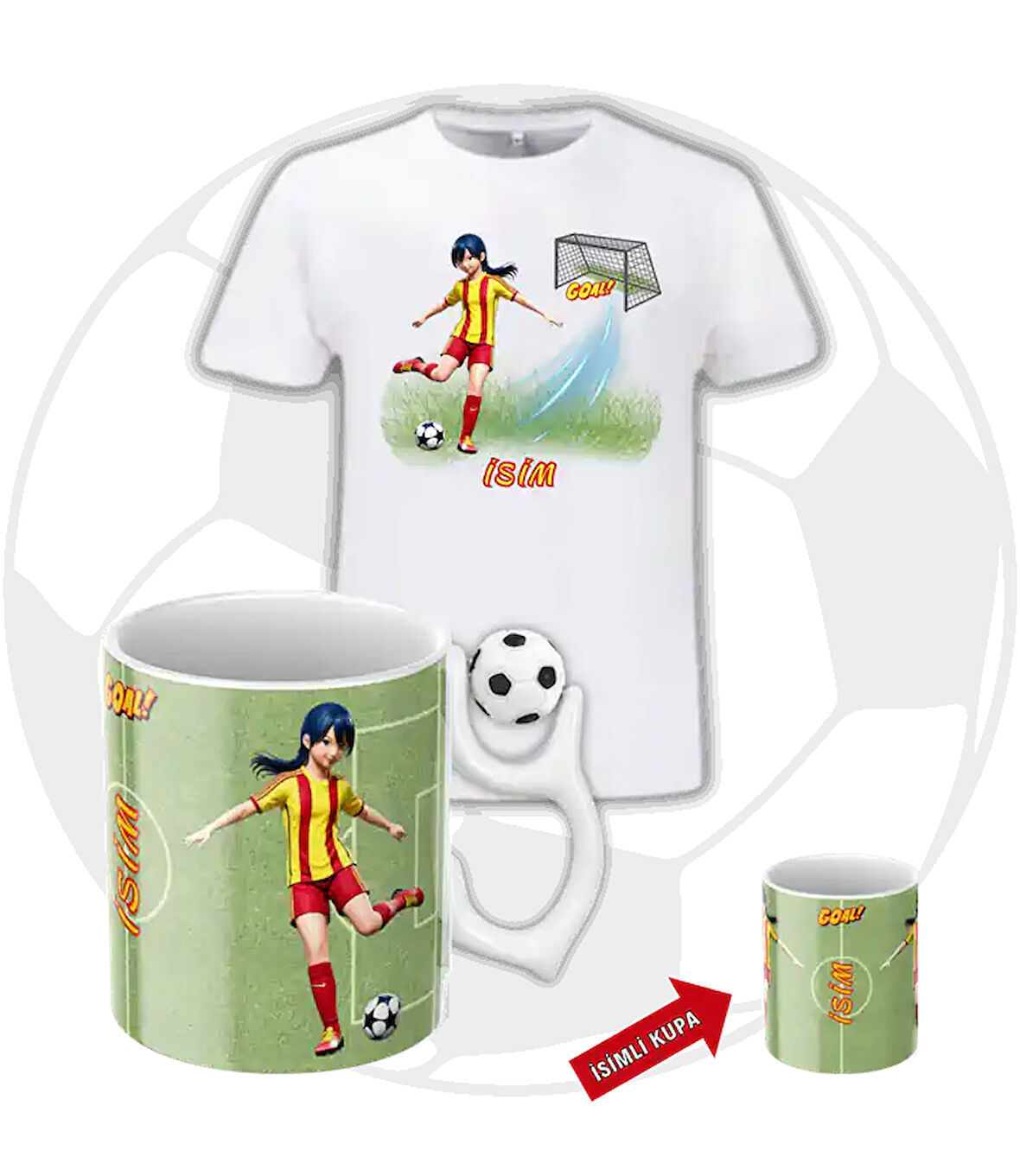 Sarı Kırmızı Kadın Futbolcu Futbol Toplu Kupa + Baskılı Pamuklu Tişört Kombin