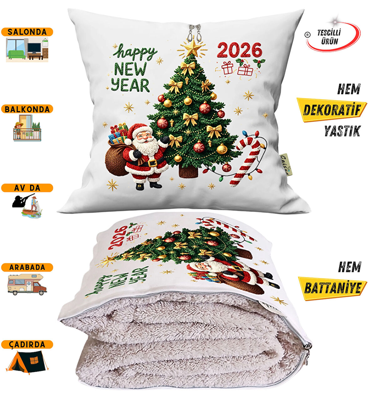 Happy New Year Nakışlı Punch Efekt Baskılı Tv Battaniyesi Olabilen Dekoratif Yastık Battaniye