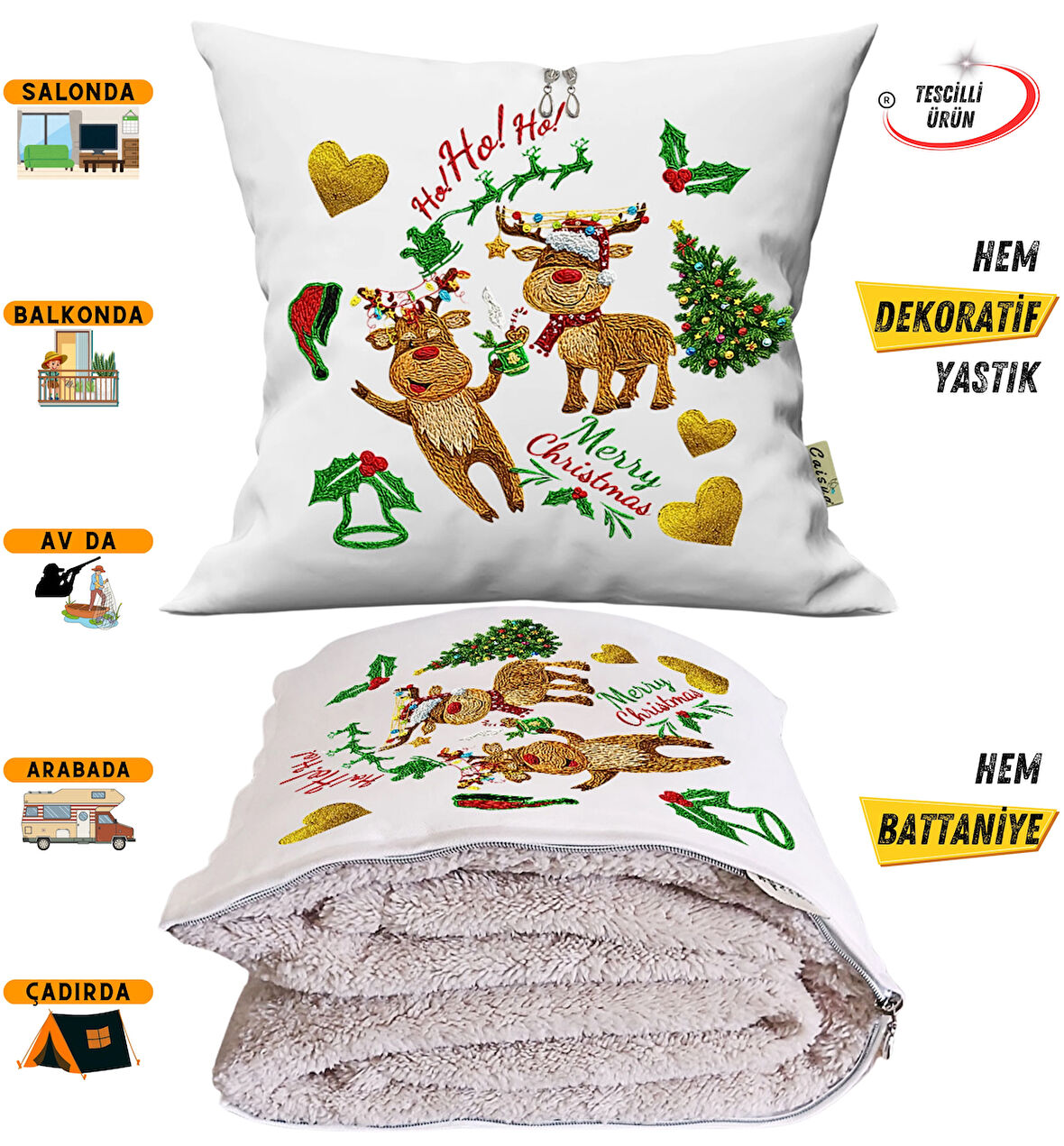 Yılbaşı Kurabiye Nakışlı Punch Efekt Baskılı Tv Battaniye Olabilen Dekoratif Yastık 2in1 Battaniye